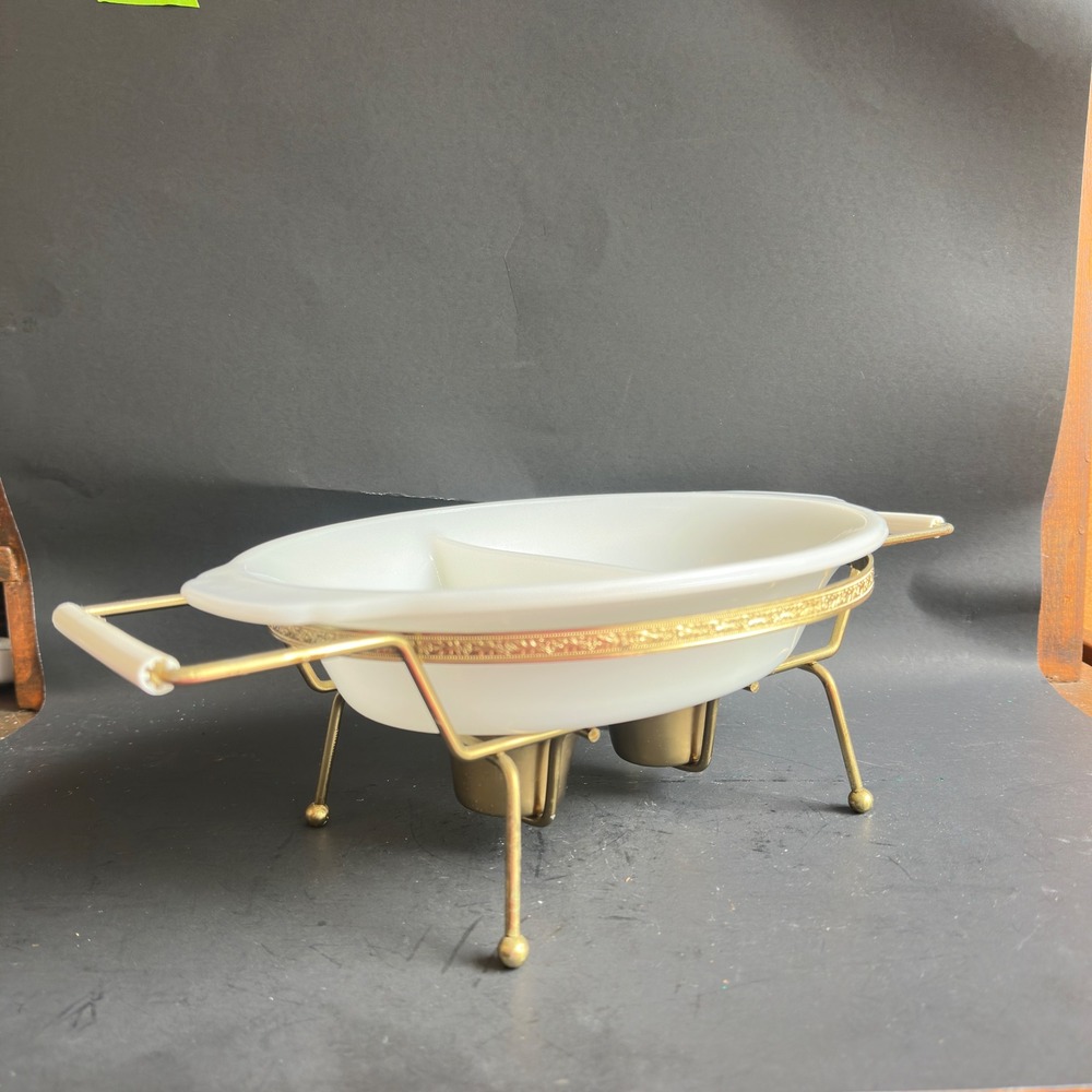 Fire-King Divided Casserole Dish Vintage White Milk Glass Brass Stand 468 USA
